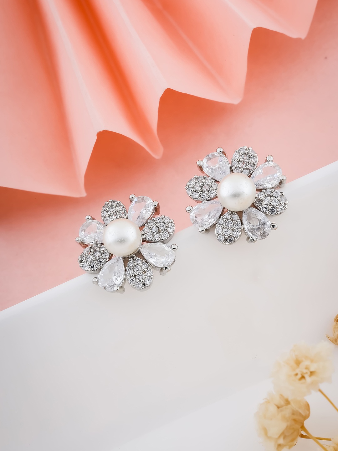 

Wynona Silver-Plated Contemporary American Diamond & Pearl Studs