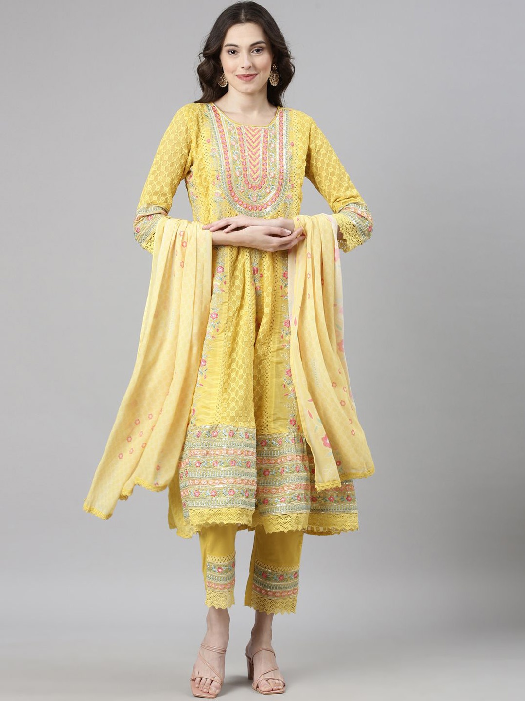 

Neerus Ethnic Motifs Embroidered Aari Work A-Line Kurta With Trousers & Dupatta, Yellow