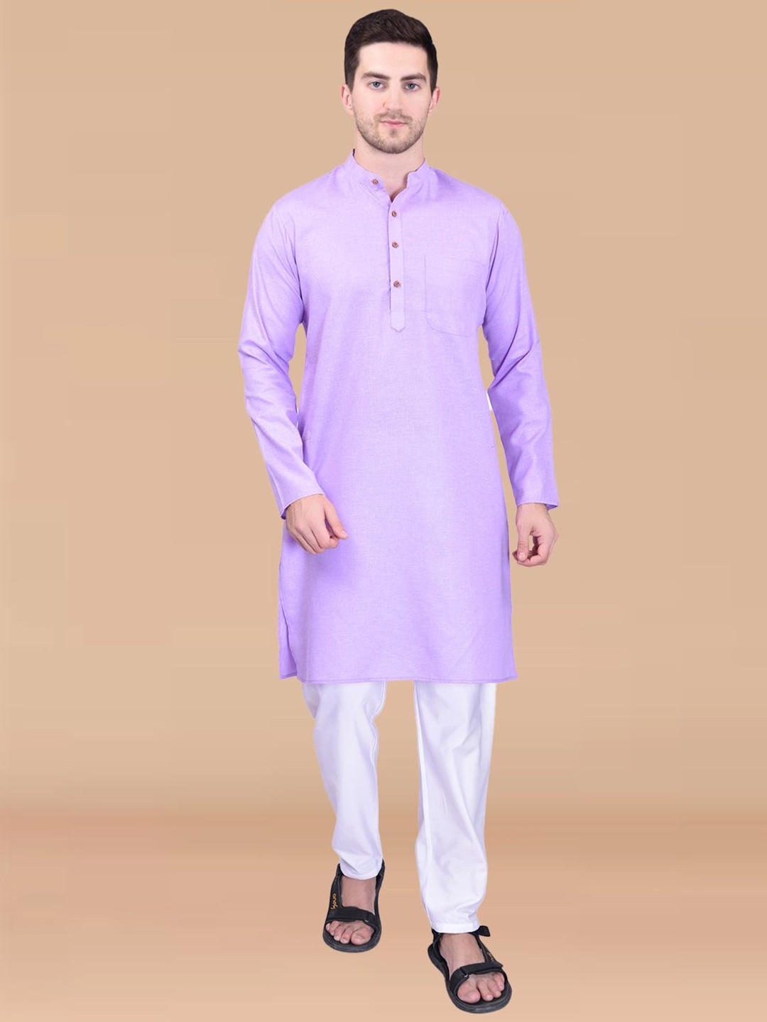 

PRINTINDIA Mandarin Collar Pure Cotton Straight Kurta With Trousers, Purple