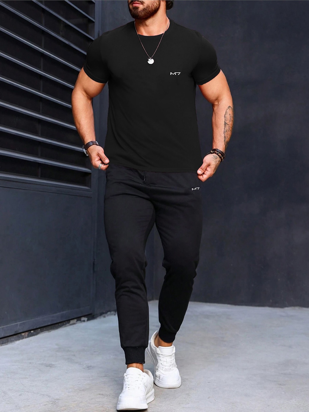 

M7 by Metronaut Round Neck Short Sleeves T-Shirt With Joggers Co-Ords, Black
