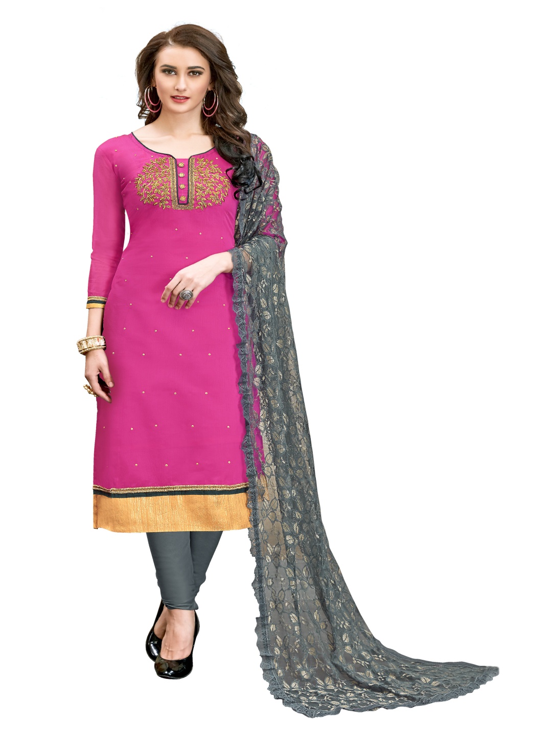

Maroosh Floral Embroidered Unstitched Dress Material, Pink