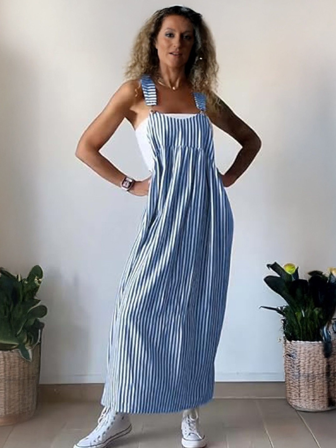 

StyleCast Women Striped Pinafore Maxi Dress, Blue