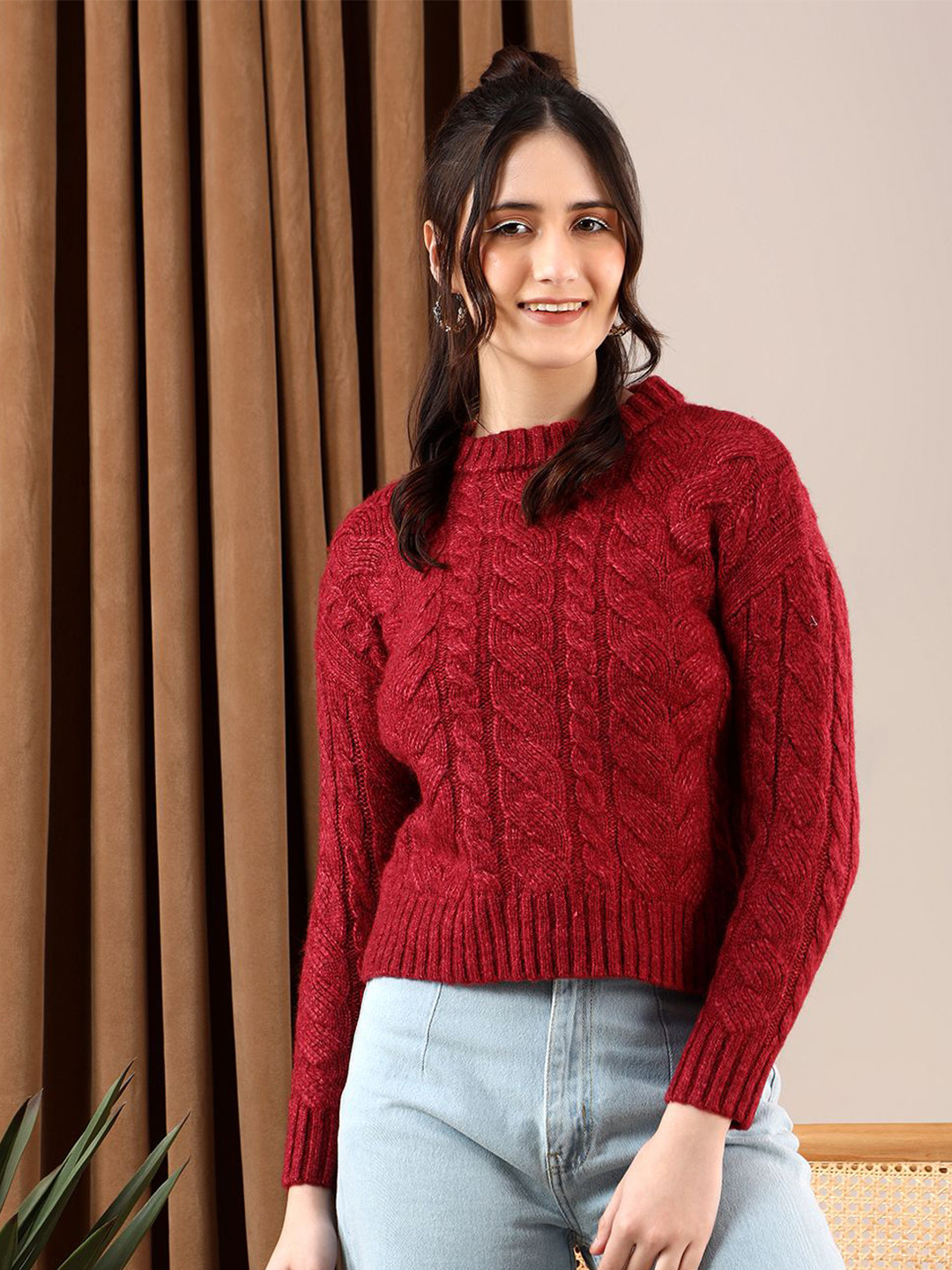 

Stylecast X Kotty Women Self Design Round Neck Pullover, Red