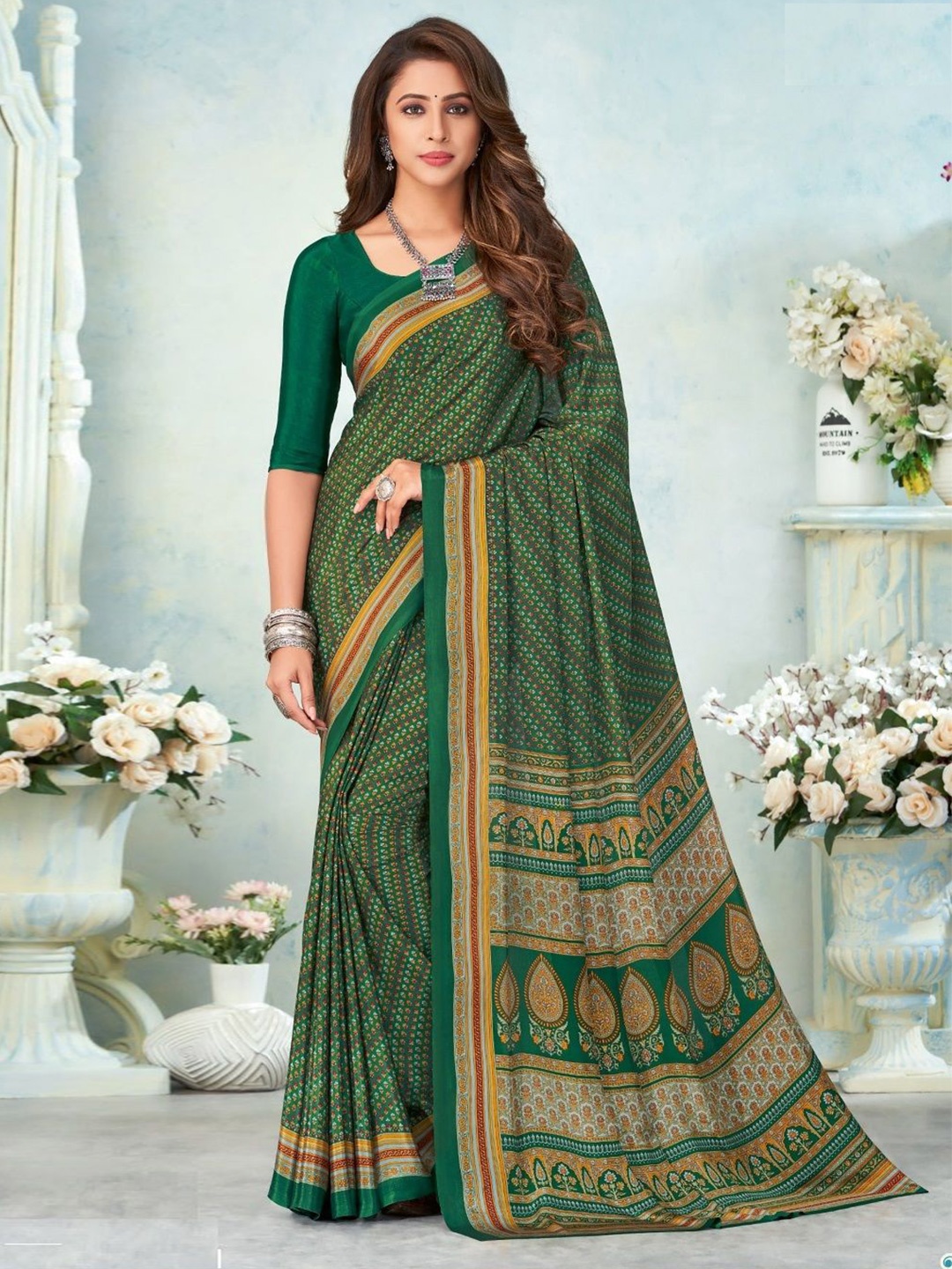 

Reboot Fashions Ethnic Motifs Printed Pure Crepe Saree, Green