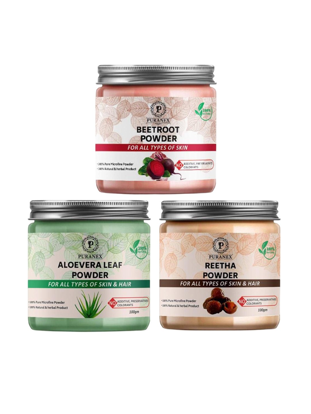 

Puranex Set Of 3 Beetroot- Aloevera Leaf & Reetha Powder For Skin & Hair - 100 g Each, Pink