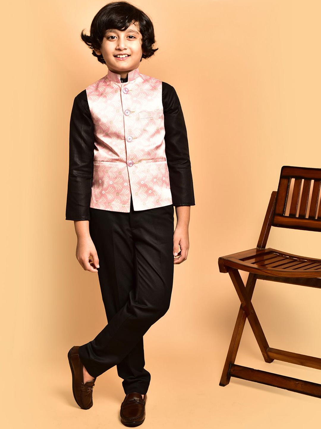 

PRINTINDIA Boys Printed Satin Nehru Jacket, Pink