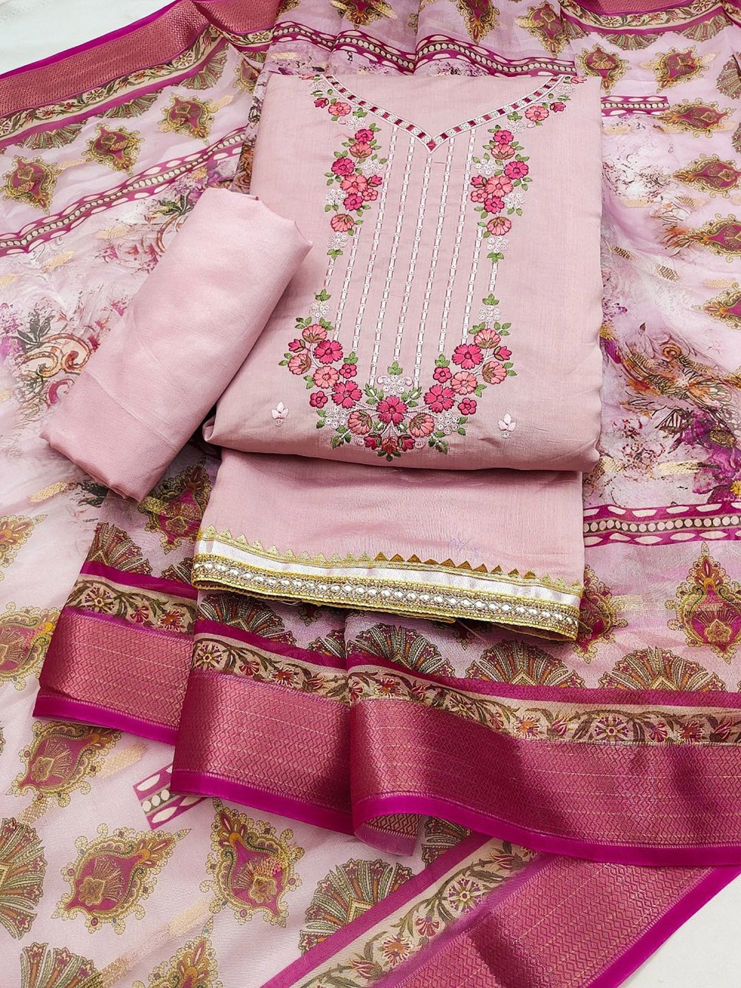 

LADY SHOPI Floral Embroidered Pure Silk Unstitched Dress Material, Pink