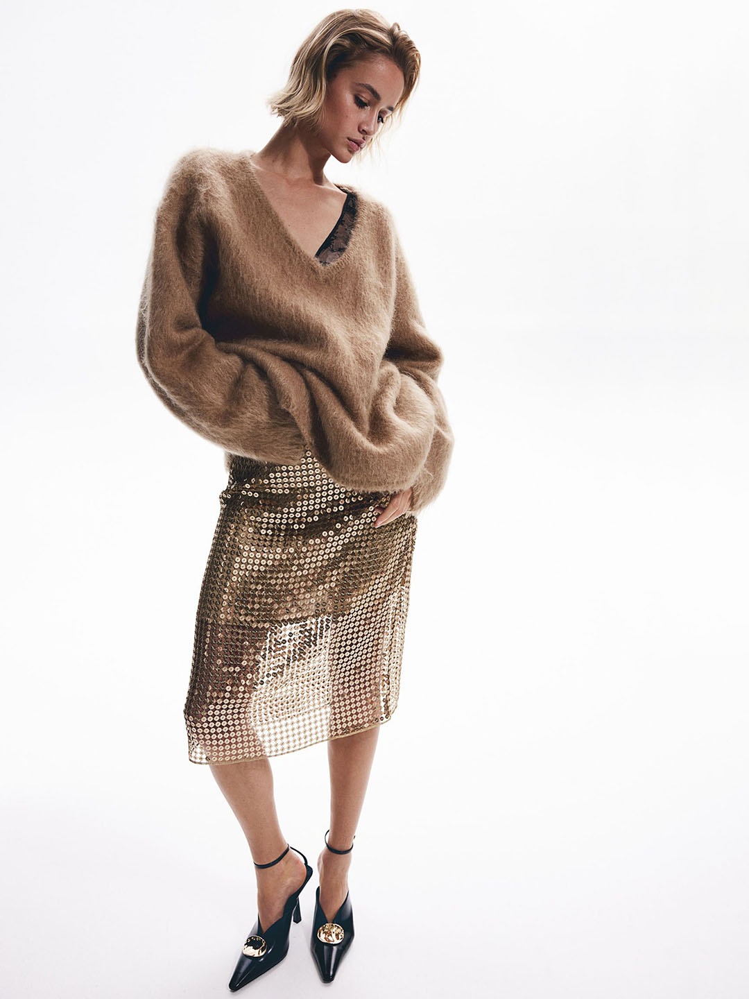 

H&M Sequined Mesh Skirt, Gold