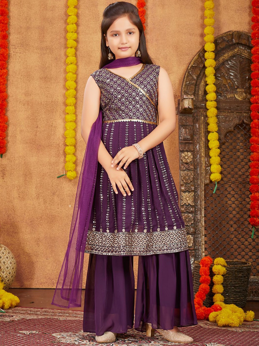 

Sangria Girls Floral Embroidery Sequins Zari A Line Kurti & Sharara With Dupatta, Purple