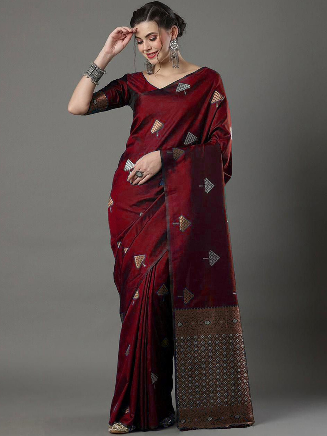 

Fashion Booms Ethnic Motifs Woven Design Pure Silk Banarasi Saree, Maroon