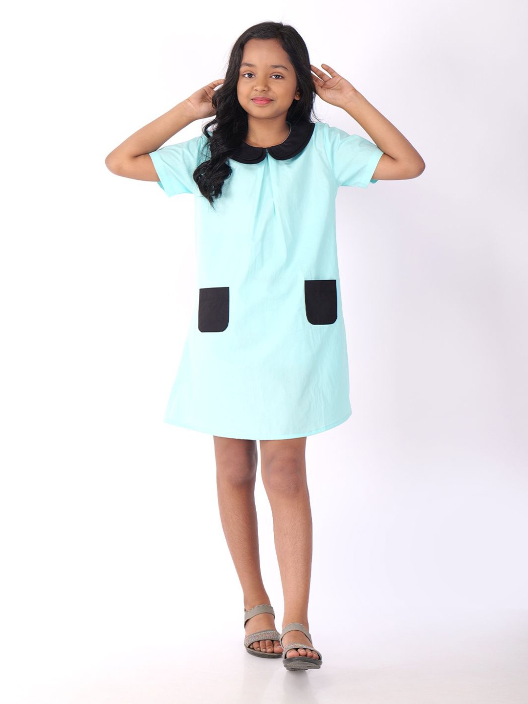 

CHARMGAL Girls Colourblocked Peter Pan Collar Cotton A-Line Dress, Blue