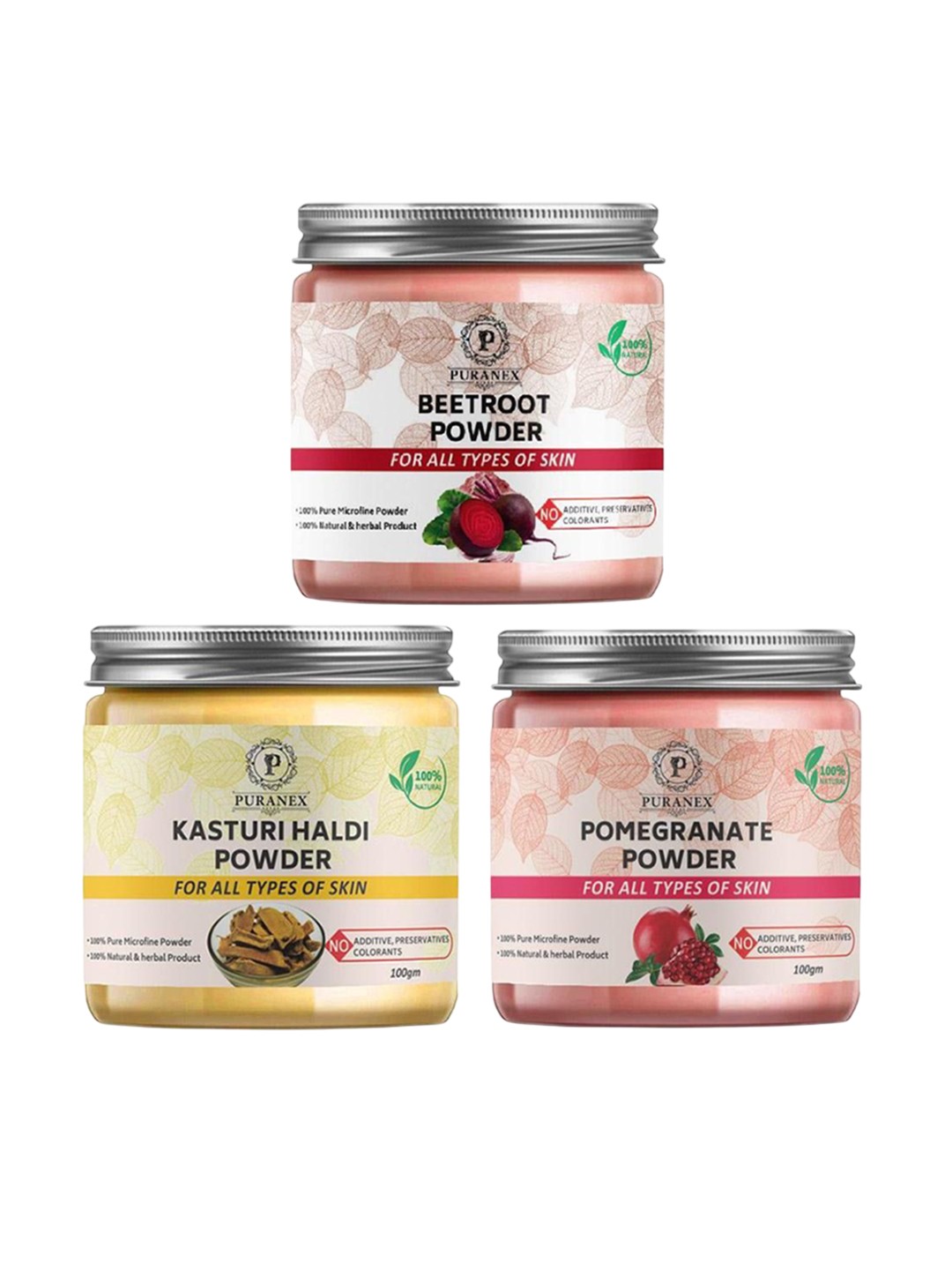 

Puranex Set Of 3 Beetroot - Kasturi Haldi & Pomegranate Powder - 100 g Each, White