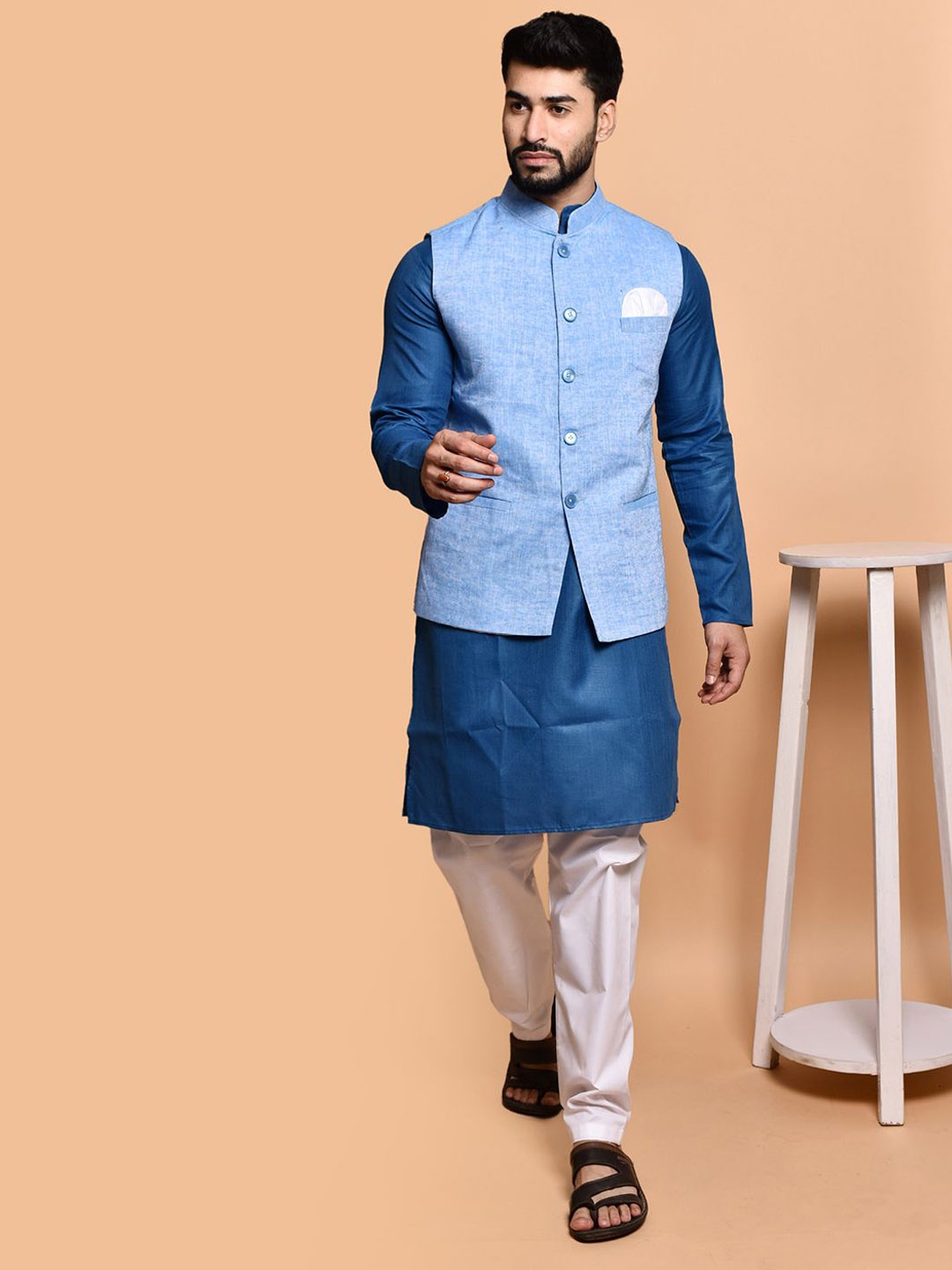 

PRINTINDIA Mandarin Collar Pure Cotton Straight Kurta with Trousers, Blue
