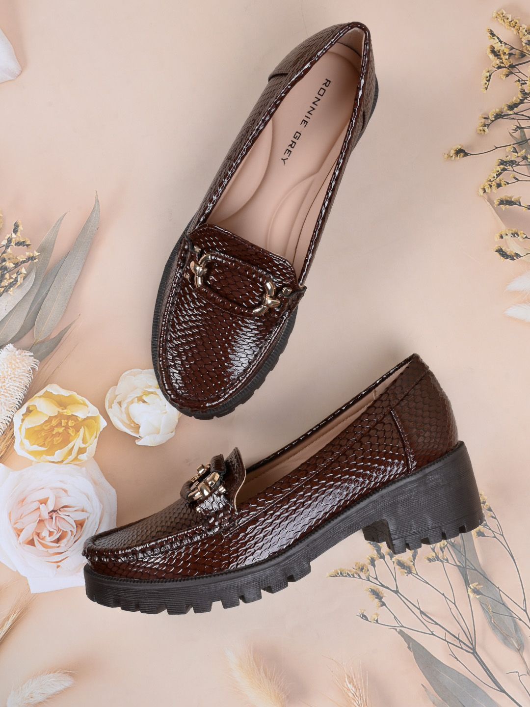 

Ronnie Grey Women Textured PU Loafers, Coffee brown