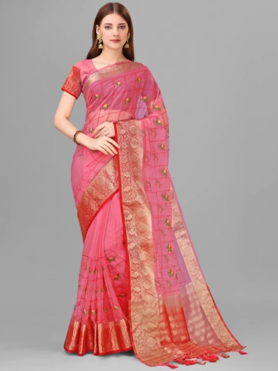 

DIVASTRI Floral Embroidered Organza Banarasi Saree, Red