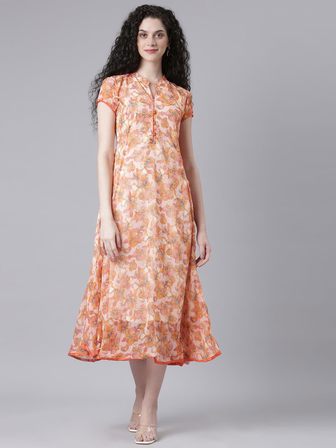 

Souchii Women Floral Printed A-Line Midi Dress, Peach