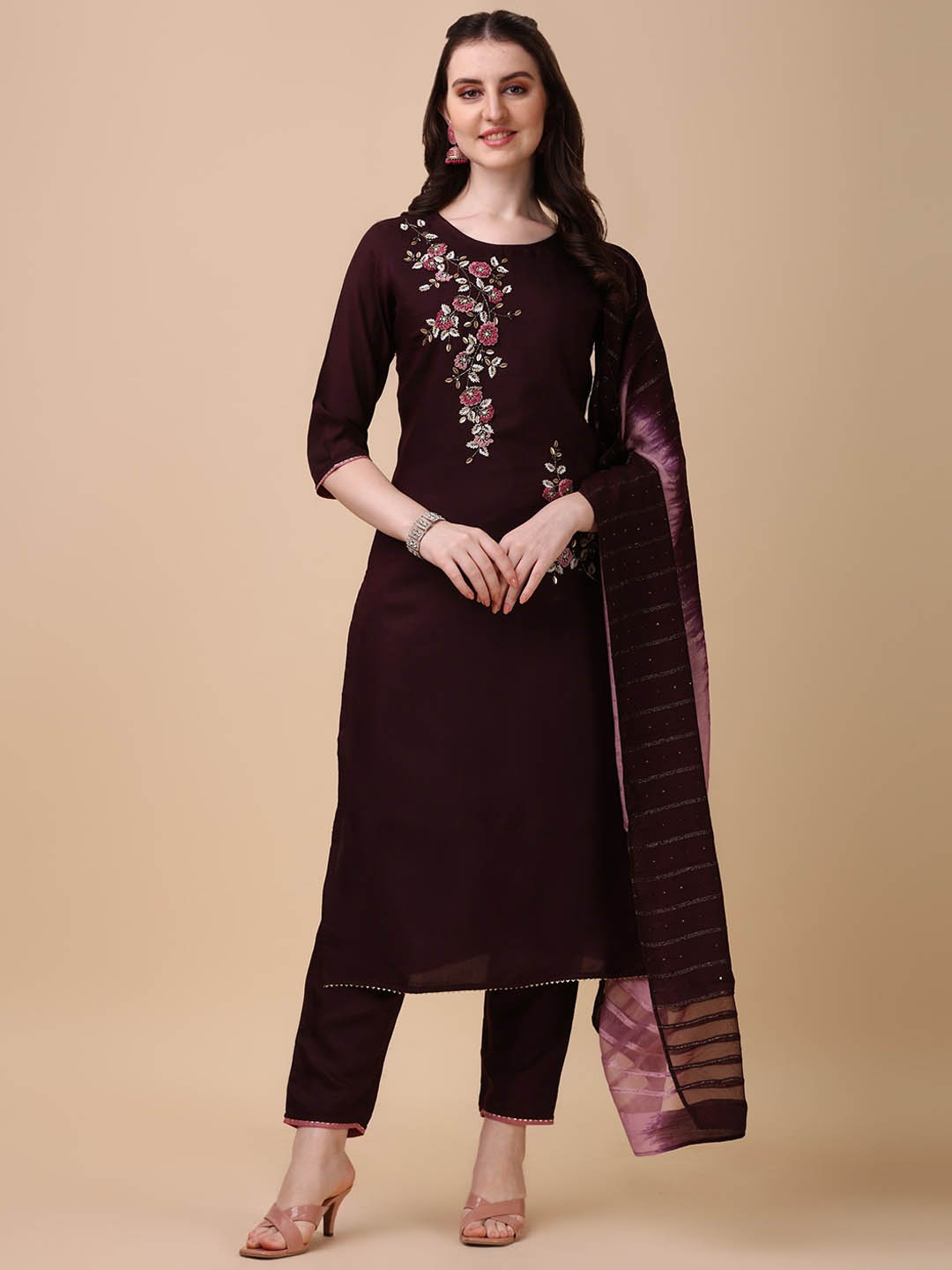 

KALINI Embroidered Beads and Stones Chanderi Cotton Kurta with Trousers & Dupatta, Magenta