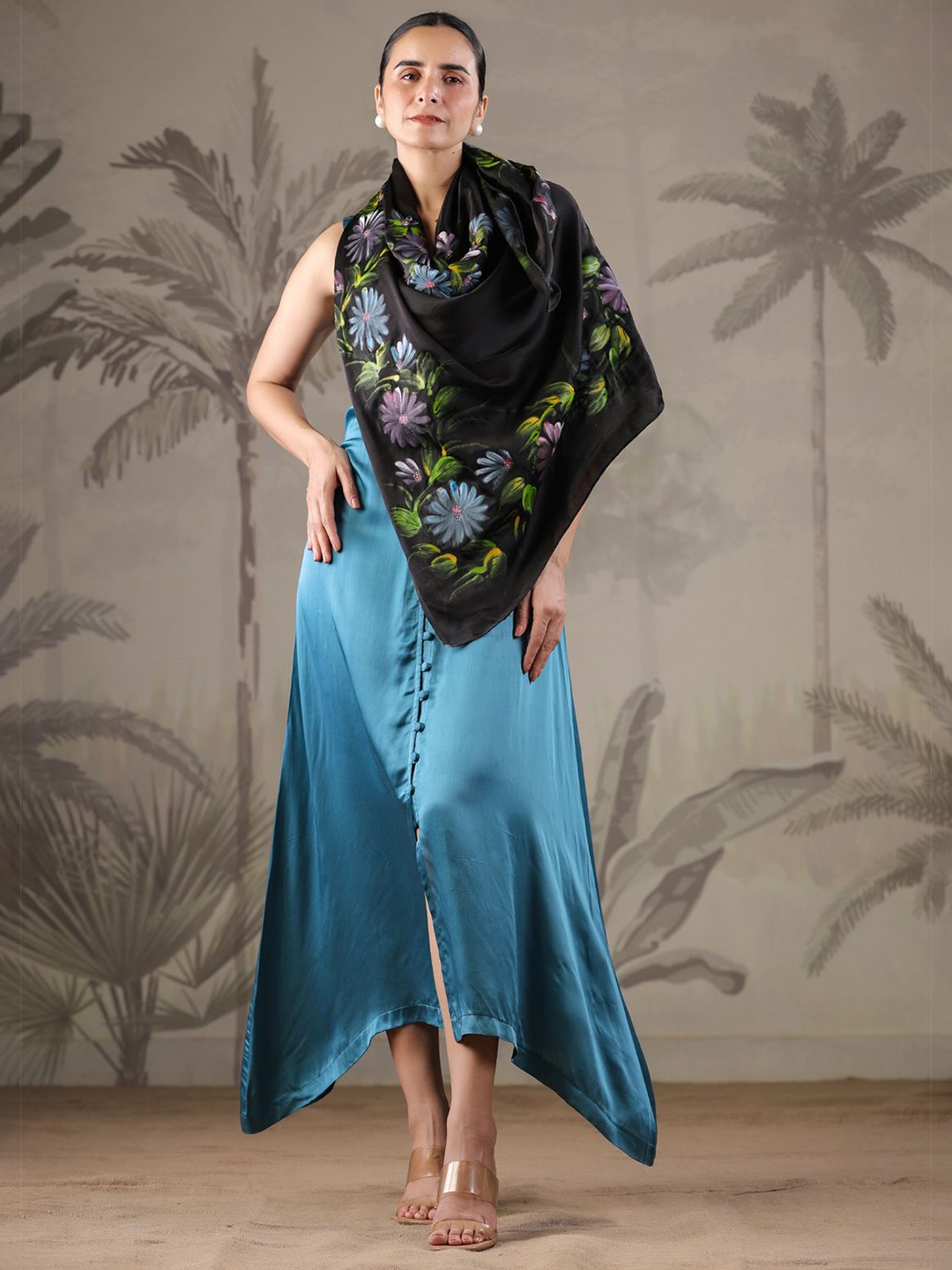 

Geroo Luxe Women V-Neck Empire Dress with Hand Painted Scarf, Teal