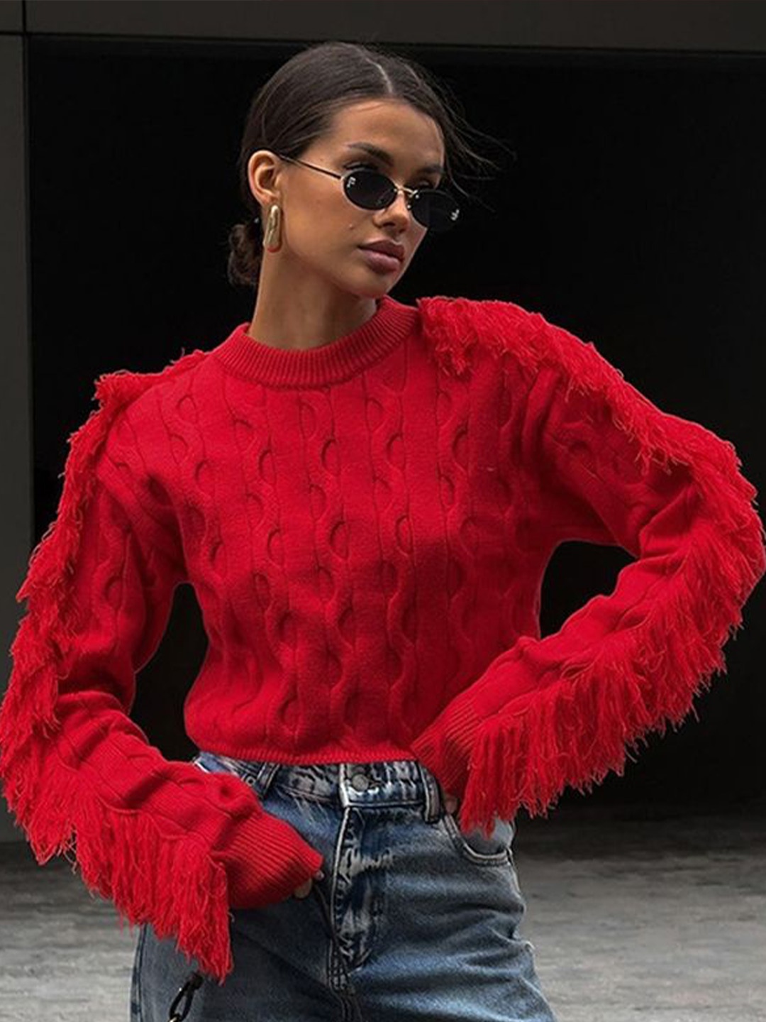 

LULU & SKY Women Self Design Cable Knit Pullover Sweater with Fringed Detail, Red