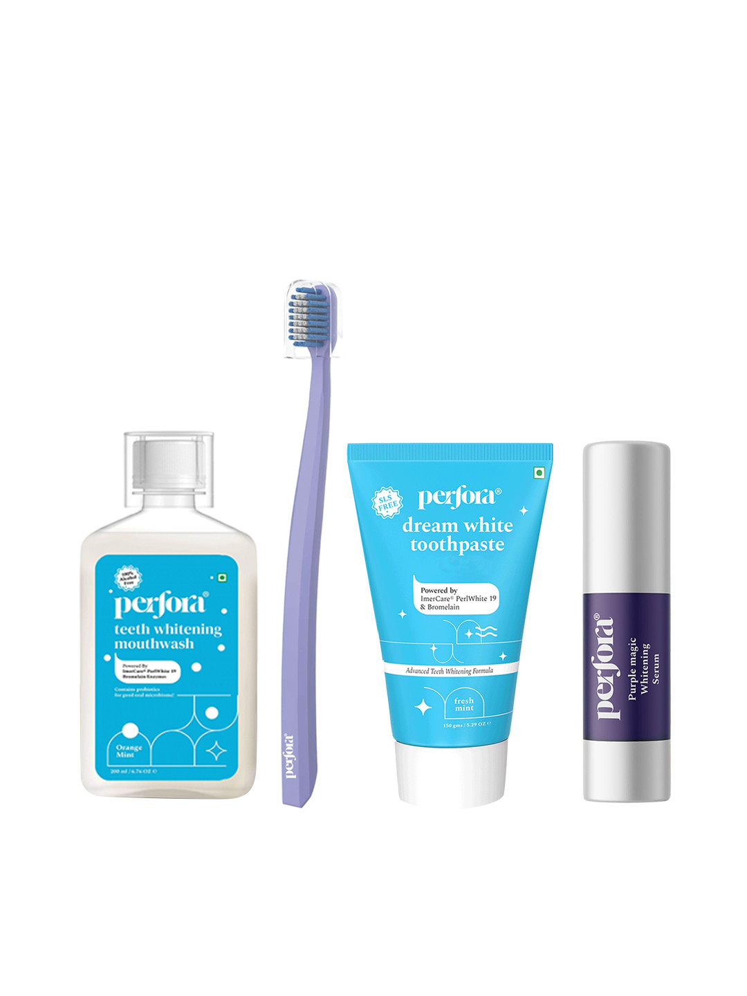 

Perfora Set of Mouthwash 200ml + Toothpaste 150g + Toothpaste Serum 30ml + Toothbrush, Purple