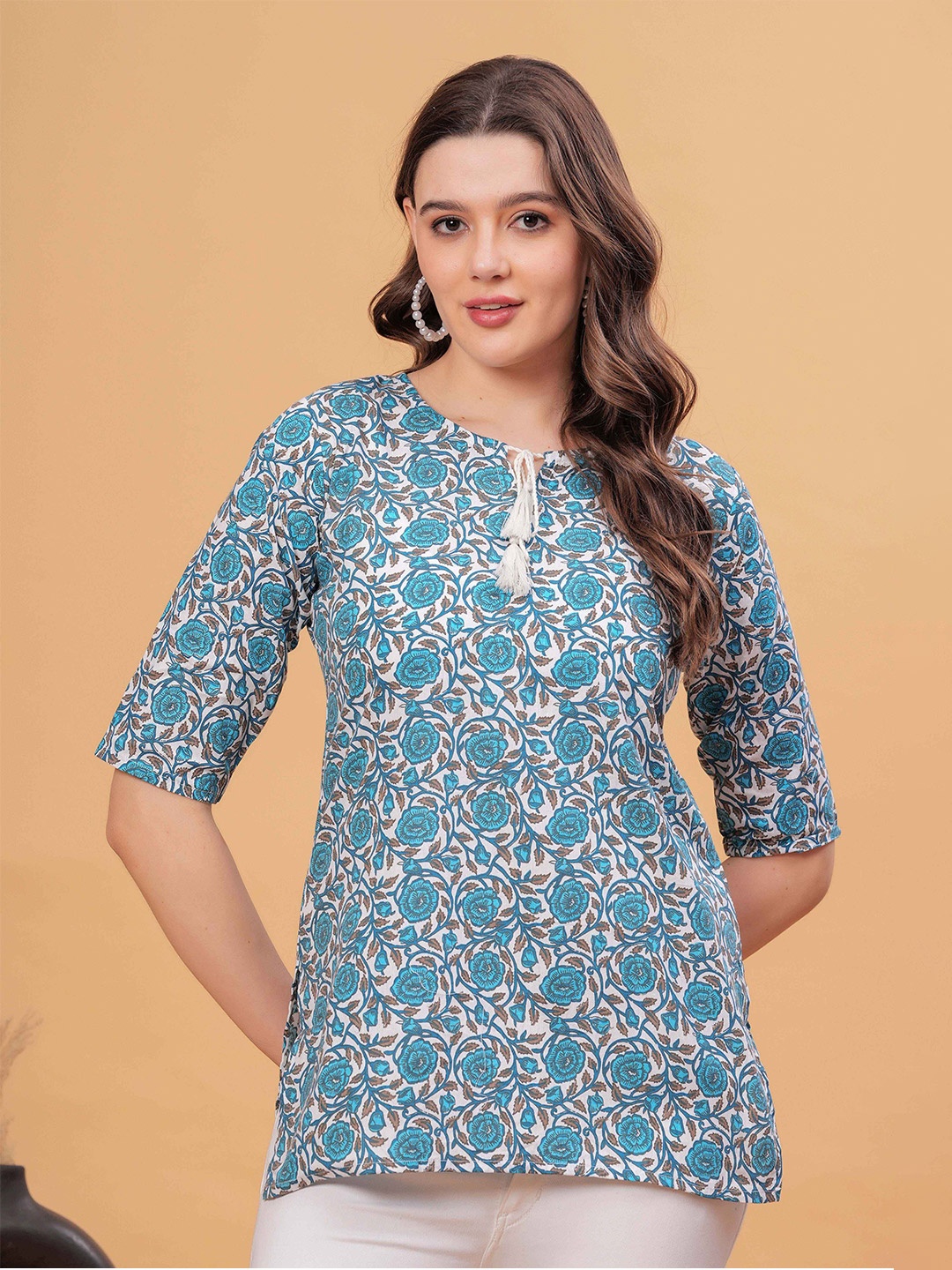 

kipek Women Floral Printed Keyhole Neck Cotton Top, Turquoise blue