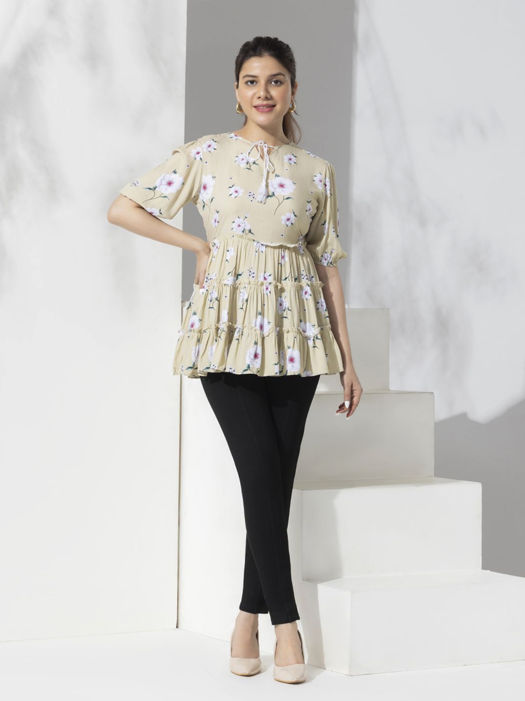 

Aumbe Floral Print Velvet Top, Beige
