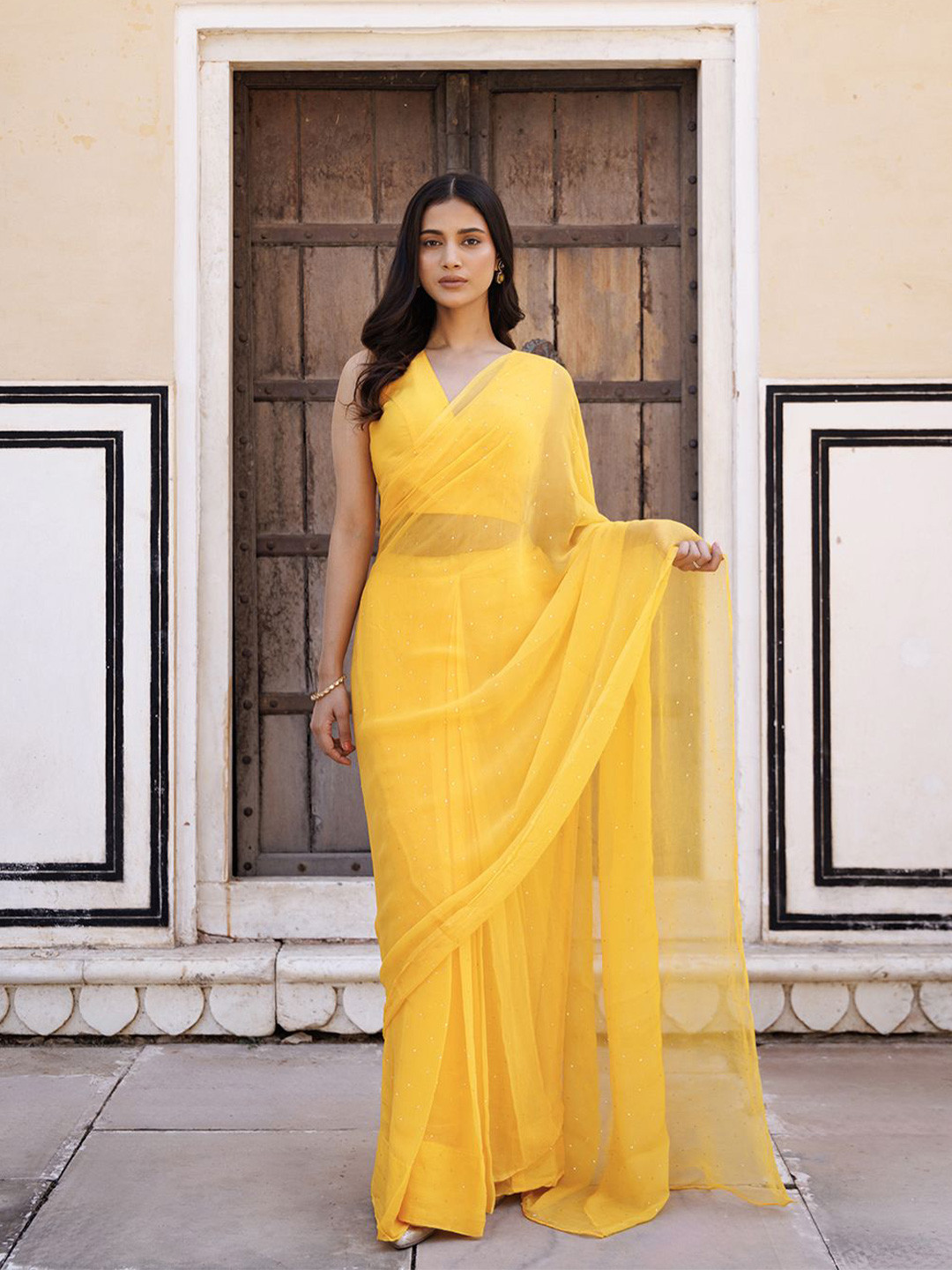 

Geroo Luxe Polka Dots Embellished Pure Chiffon Ready to Wear Saree, Yellow