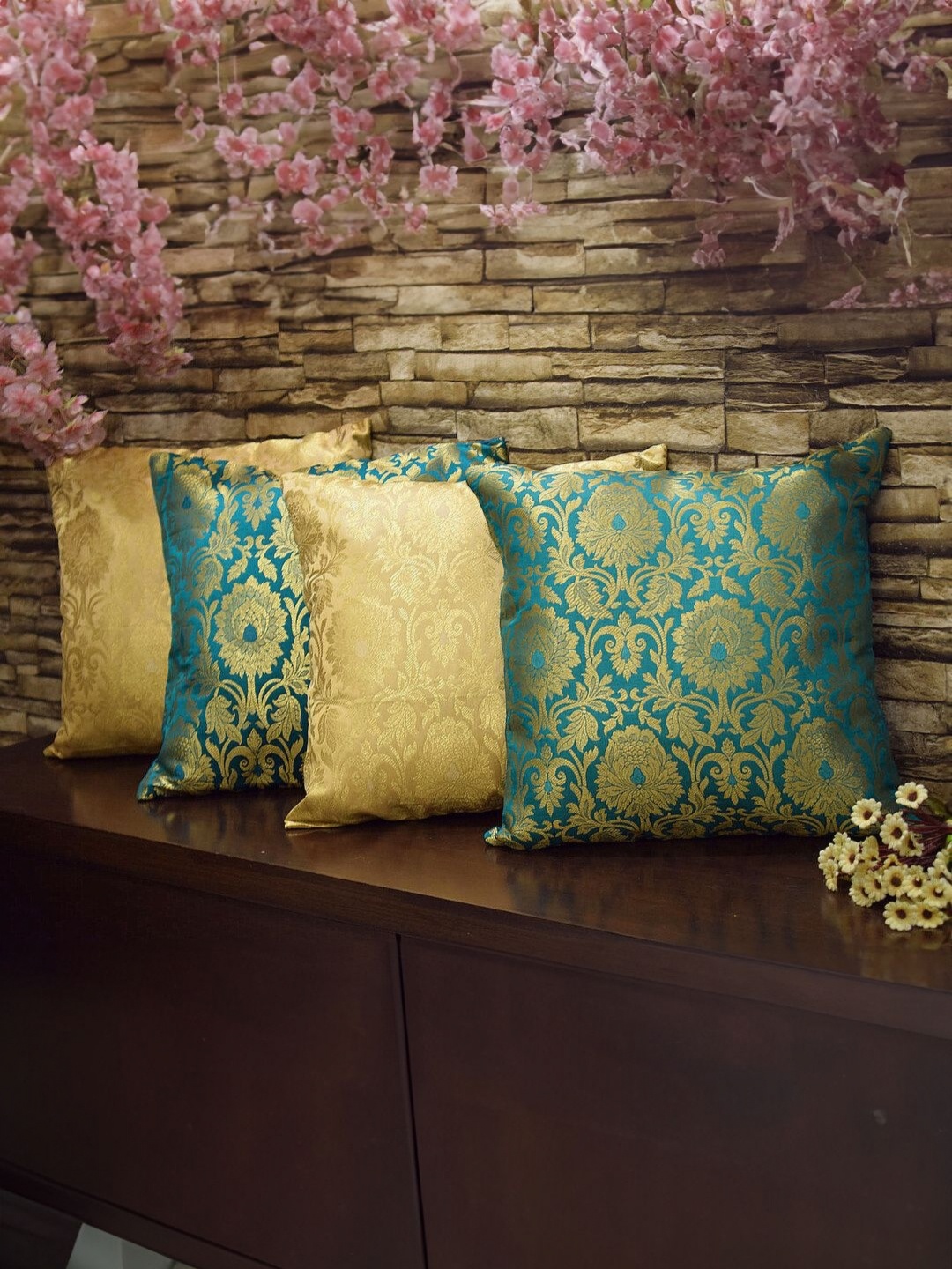 

RoyalDeco Green 4 Pieces Ethnic Motifs Printed Brocade Silk Square Cushion Covers