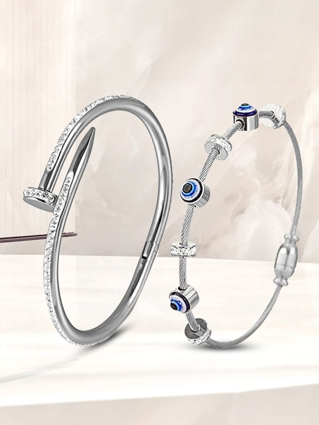 

DIVASTRI Women Pack Of 2 Silver Platde American Diamond Antique Kada Bracelet