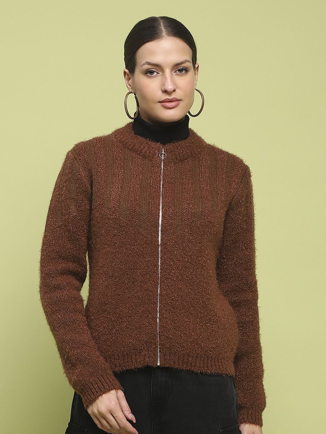 

Madame Women Front-Open Ribbed Sweater, Brown