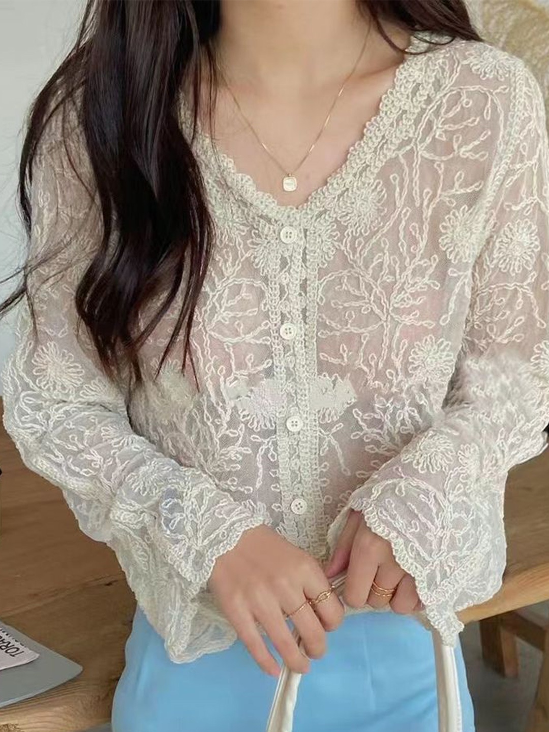 

LULU & SKY Women Floral Cardigan with Embroidered Detail, Beige