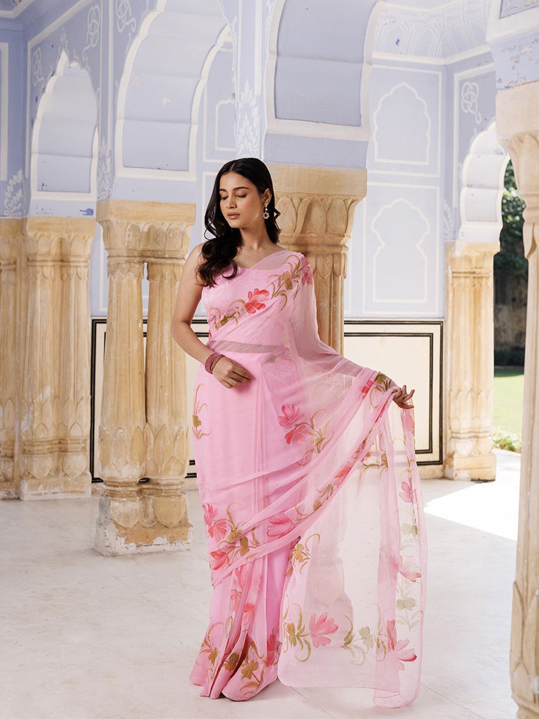 

Geroo Luxe Floral Mukaish Pure Chiffon Ready to Wear Saree, Pink