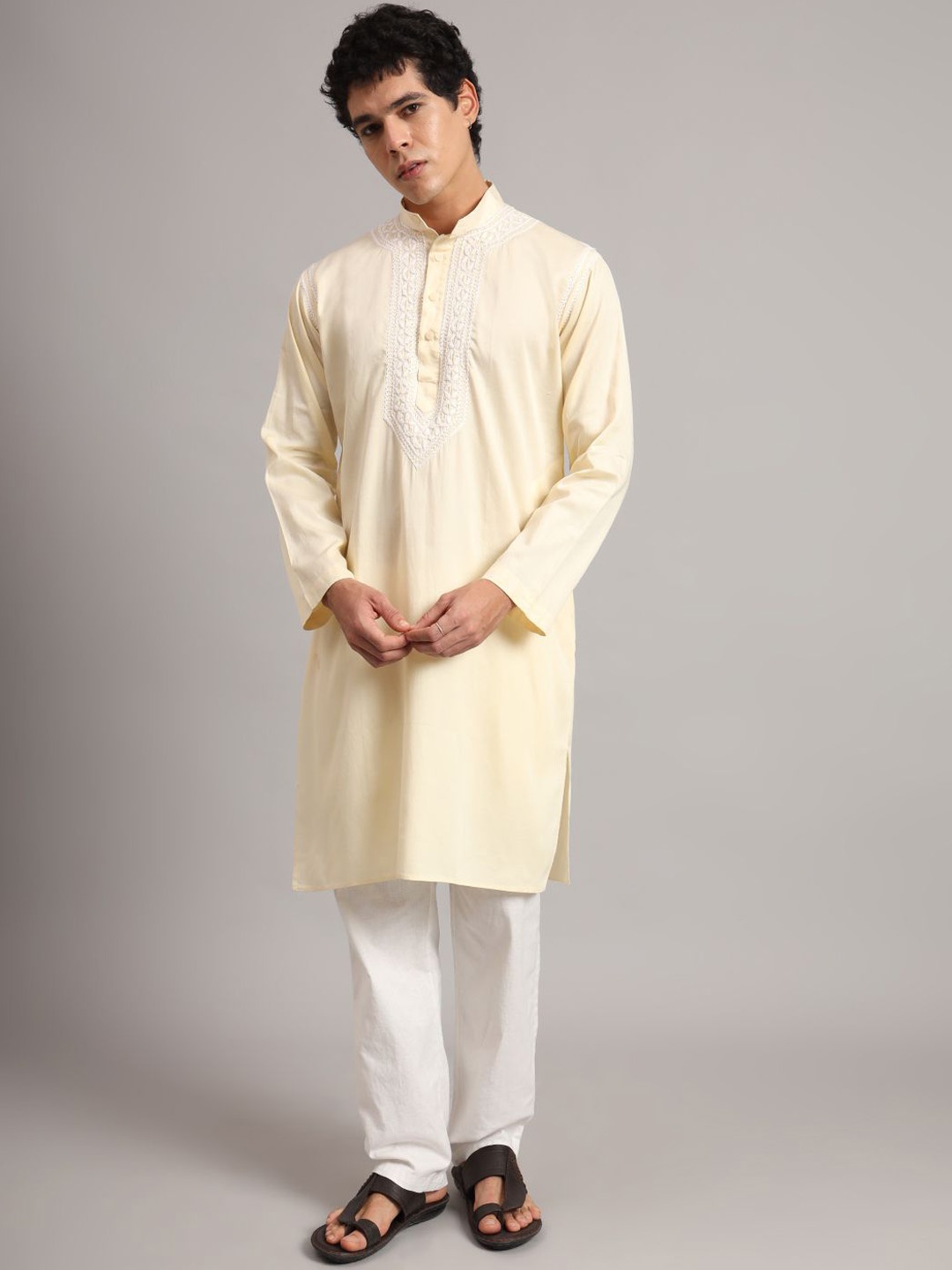 

The Chikan Label Men Ethnic Motifs Embroidered Chikankari Floral Cotton Kurta, Yellow