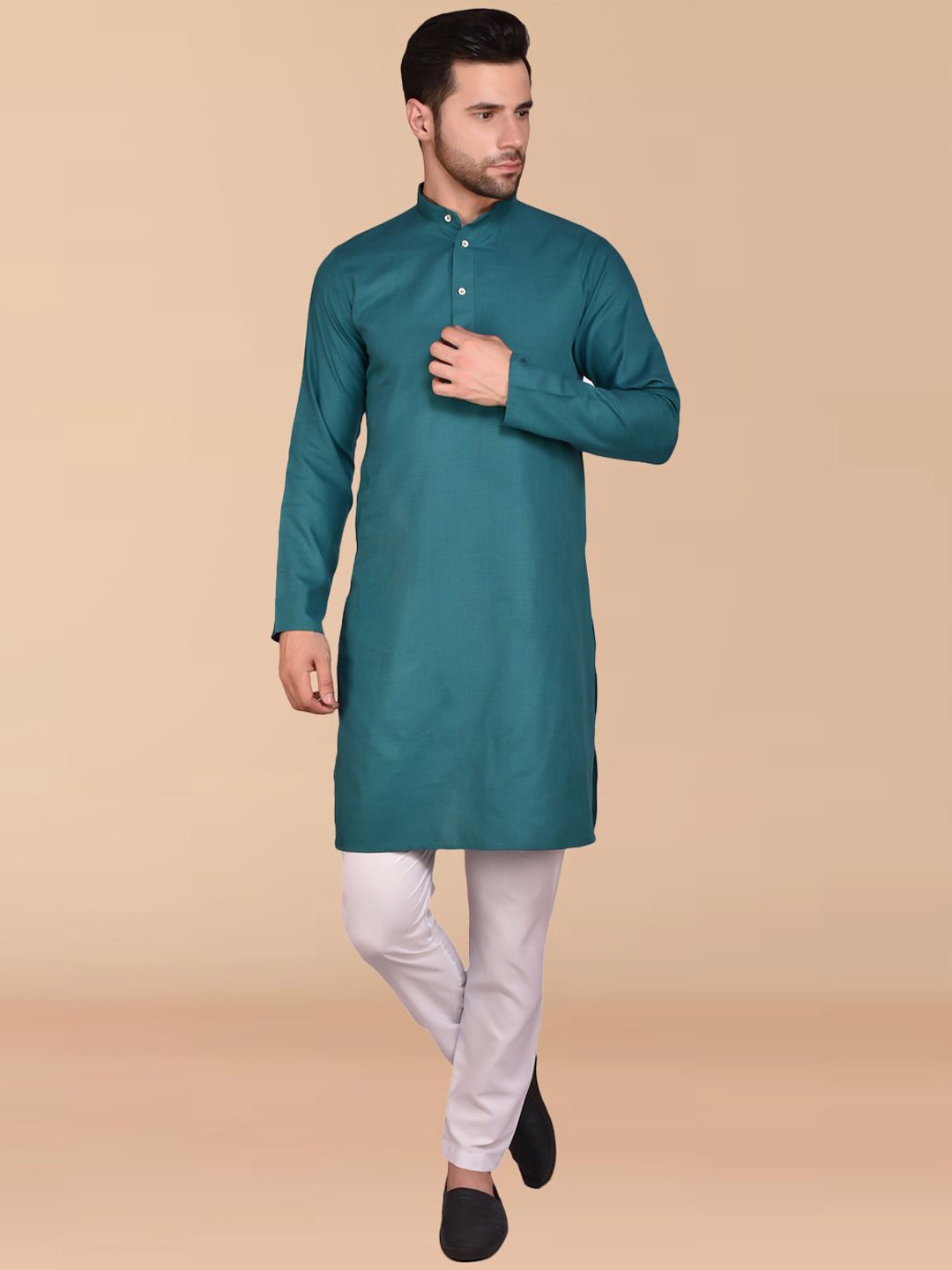 

PRINTINDIA Mandarin Collar Pure Cotton Kurta with Trouser, Teal