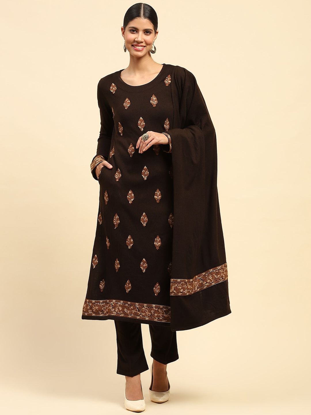 

Me&I Floral Embroidered Thread Work Straight Kurta With Trouser & Dupatta, Brown