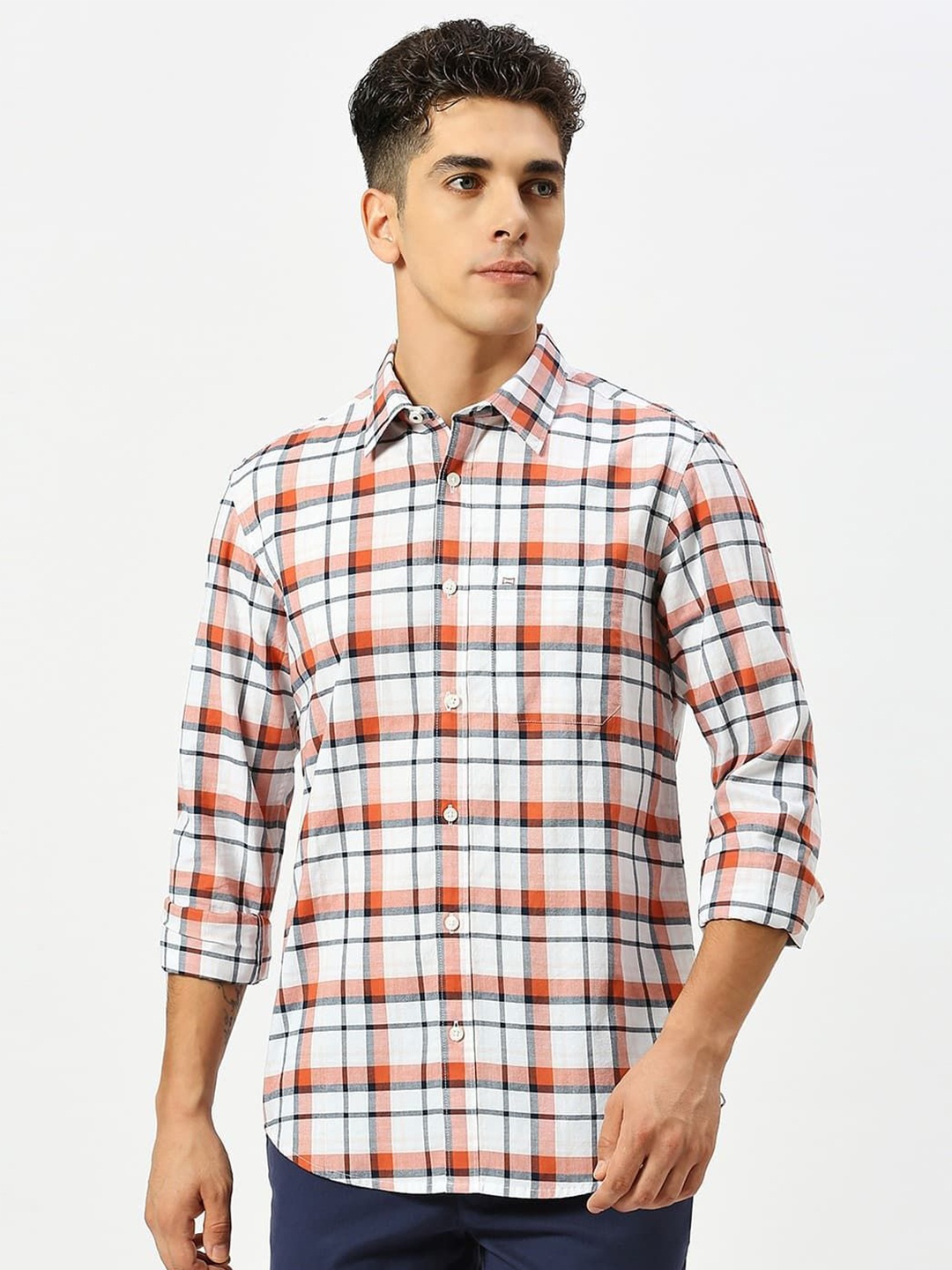 

Basics Men Slim Fit Tartan Checked Cotton Casual Shirt, White