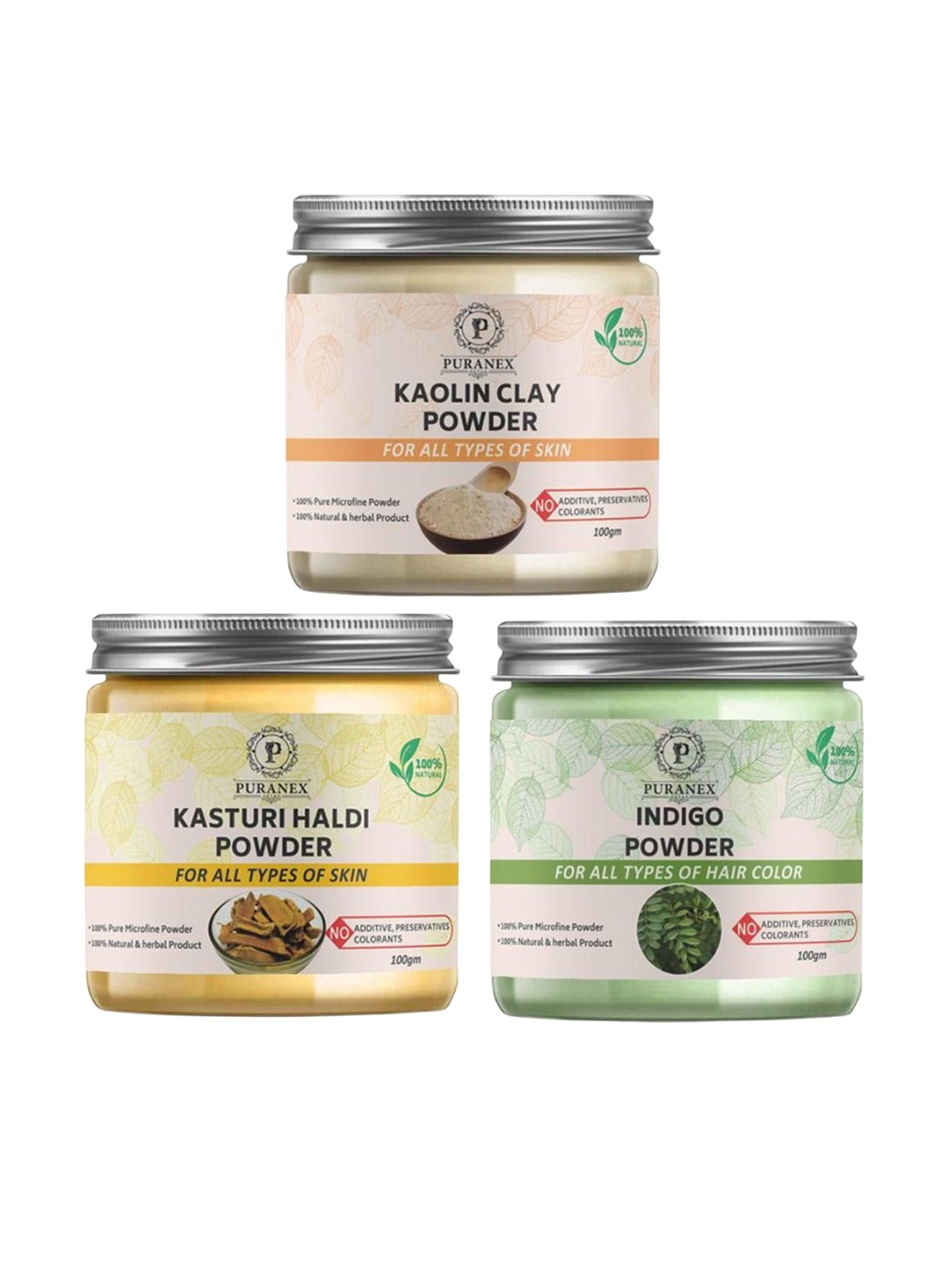 

Puranex Set Of 3 Kaolin Clay, Kasturi Haldi & Indigo Skin & Hair Powder-100 g Each, White