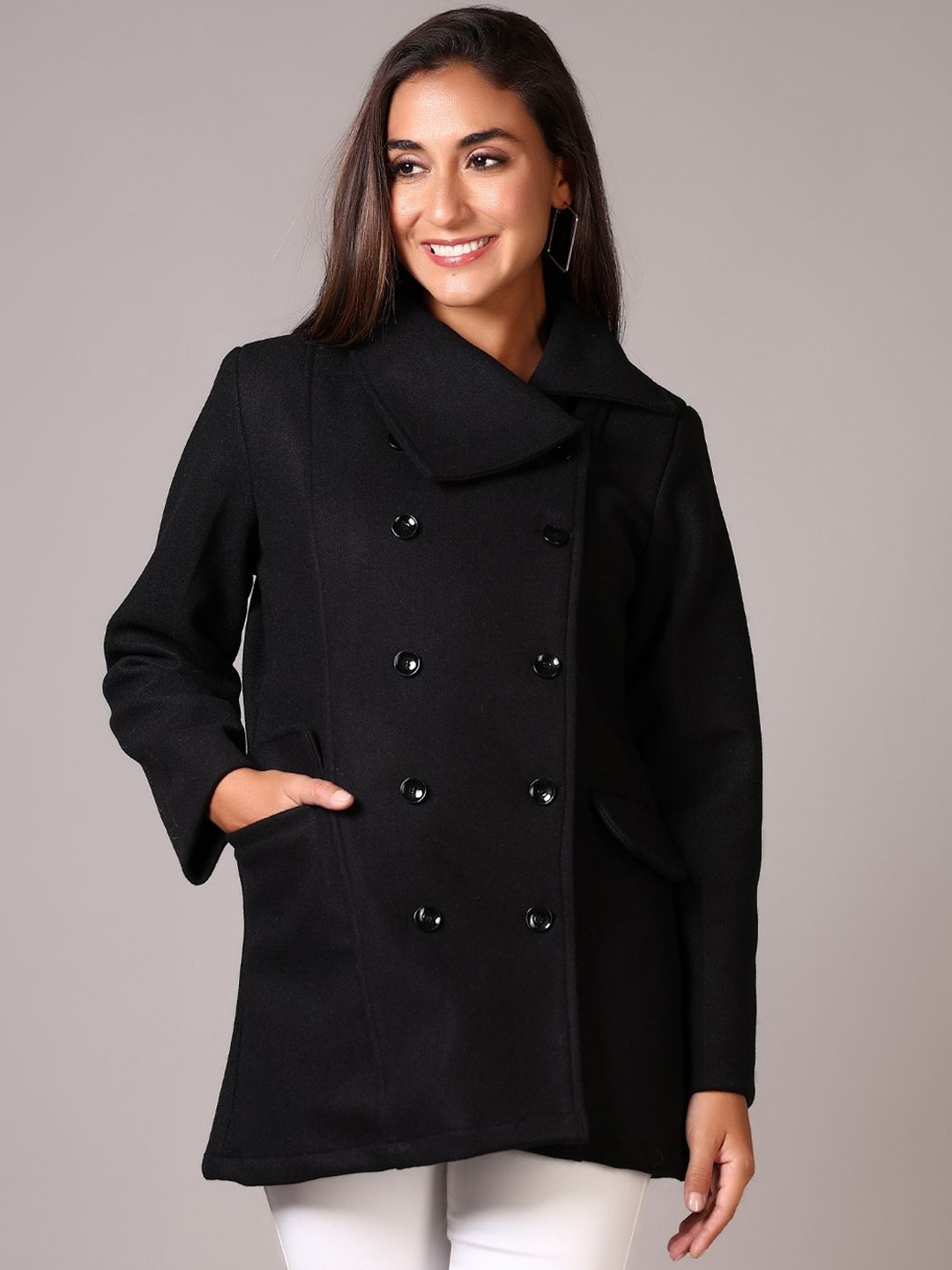 

V-Mart Women Double-Breasted Overcoat, Black