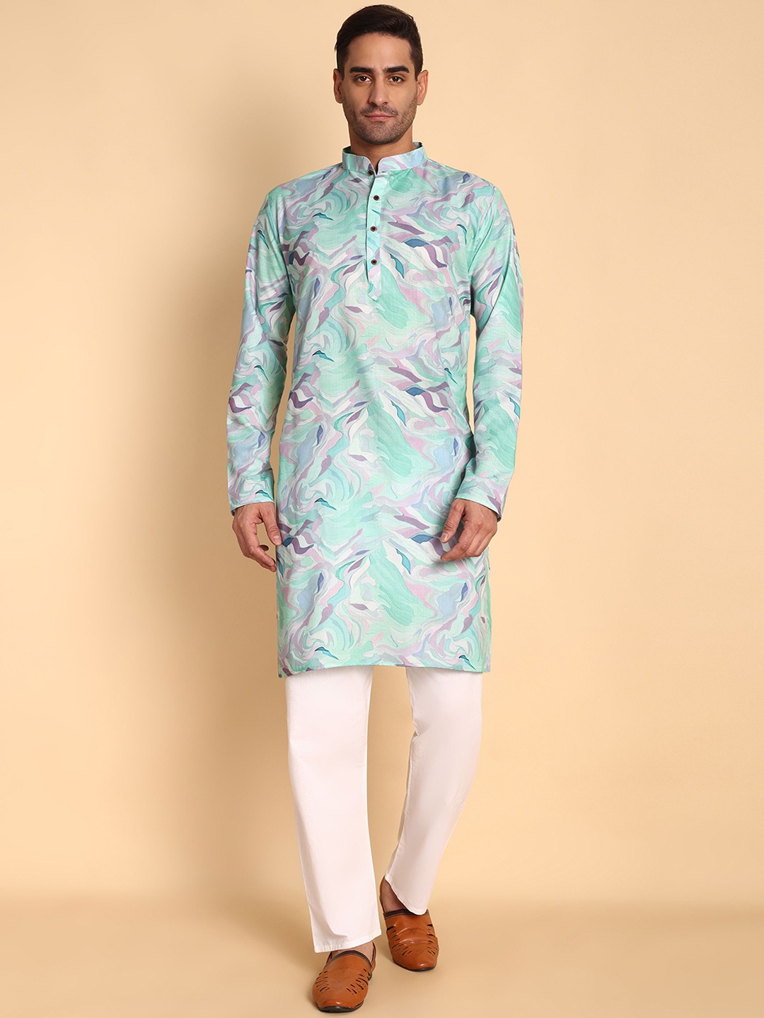 

Vardha Abstract Printed Mandarin Collar Cotton Straight Kurta, Blue