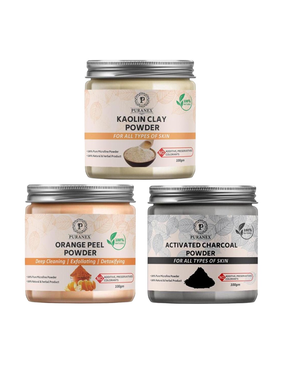 

Puranex Set Of 3 100% Pure Kaolin Clay, Charcoal & Orange Peel Powder Face Pack -100g Each, White