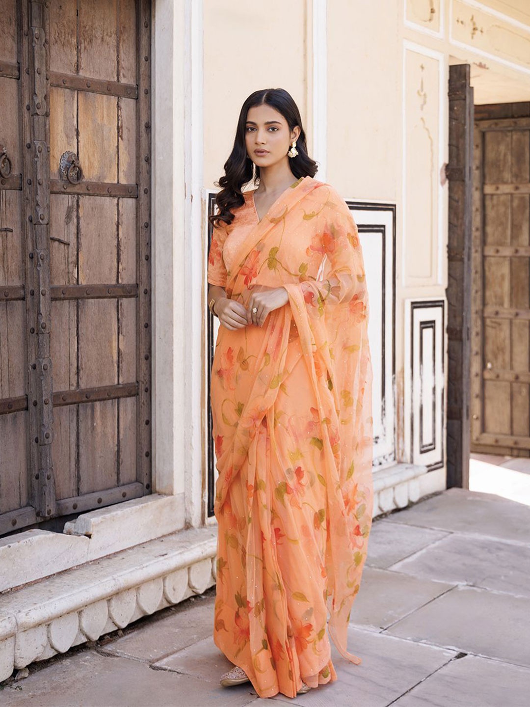 

Geroo Luxe Floral Printed Mukaish Pure Chiffon Ready to Wear Saree, Orange