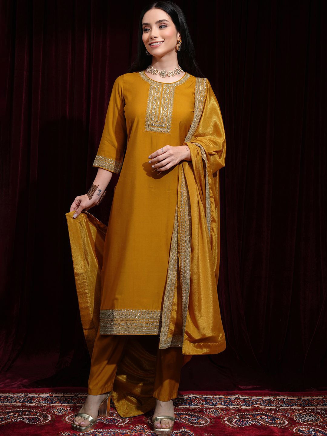 

Vishudh Floral Embroidered Sequinned Round Neck Straight Kurta with Palazzos & Dupatta, Yellow