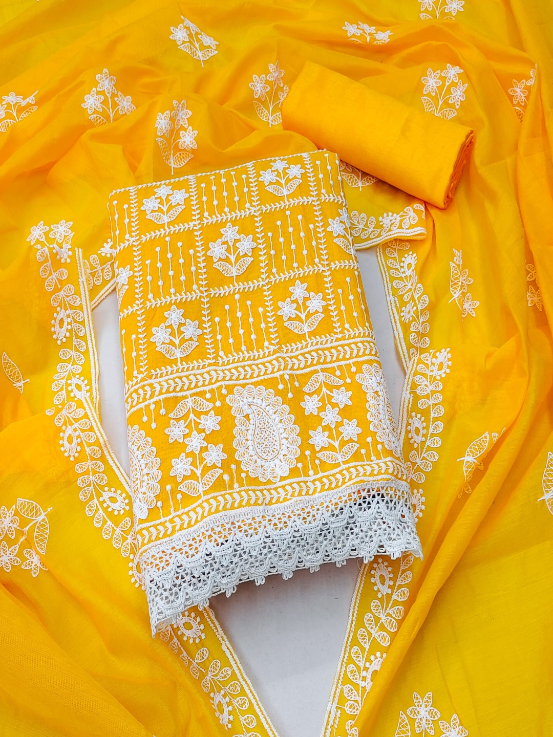 

Maroosh Floral Embroidered Chanderi Cotton Unstitched Dress Material, Yellow