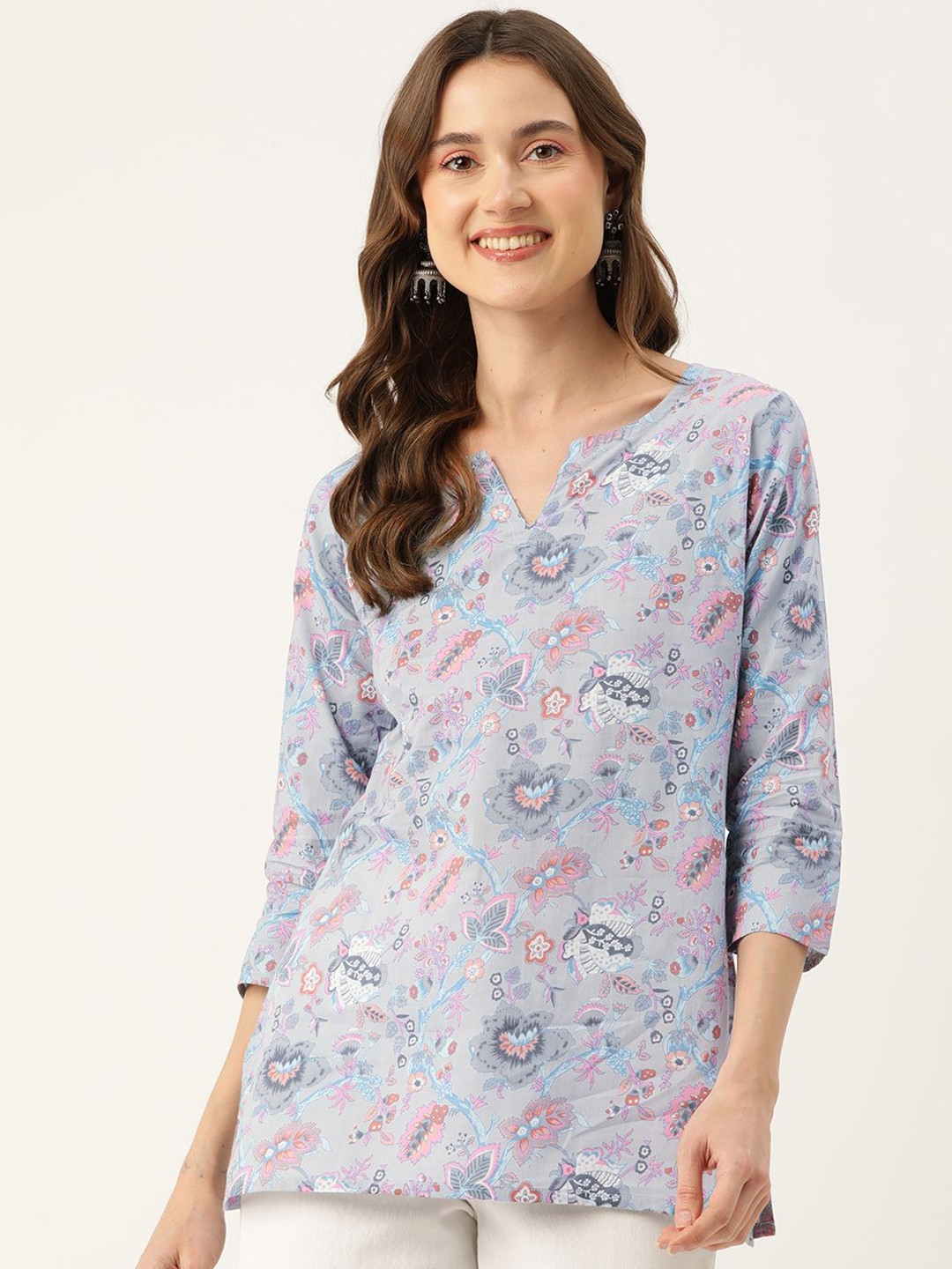 

FERANOID Women Pure Cotton Floral Printed Kurti, Grey