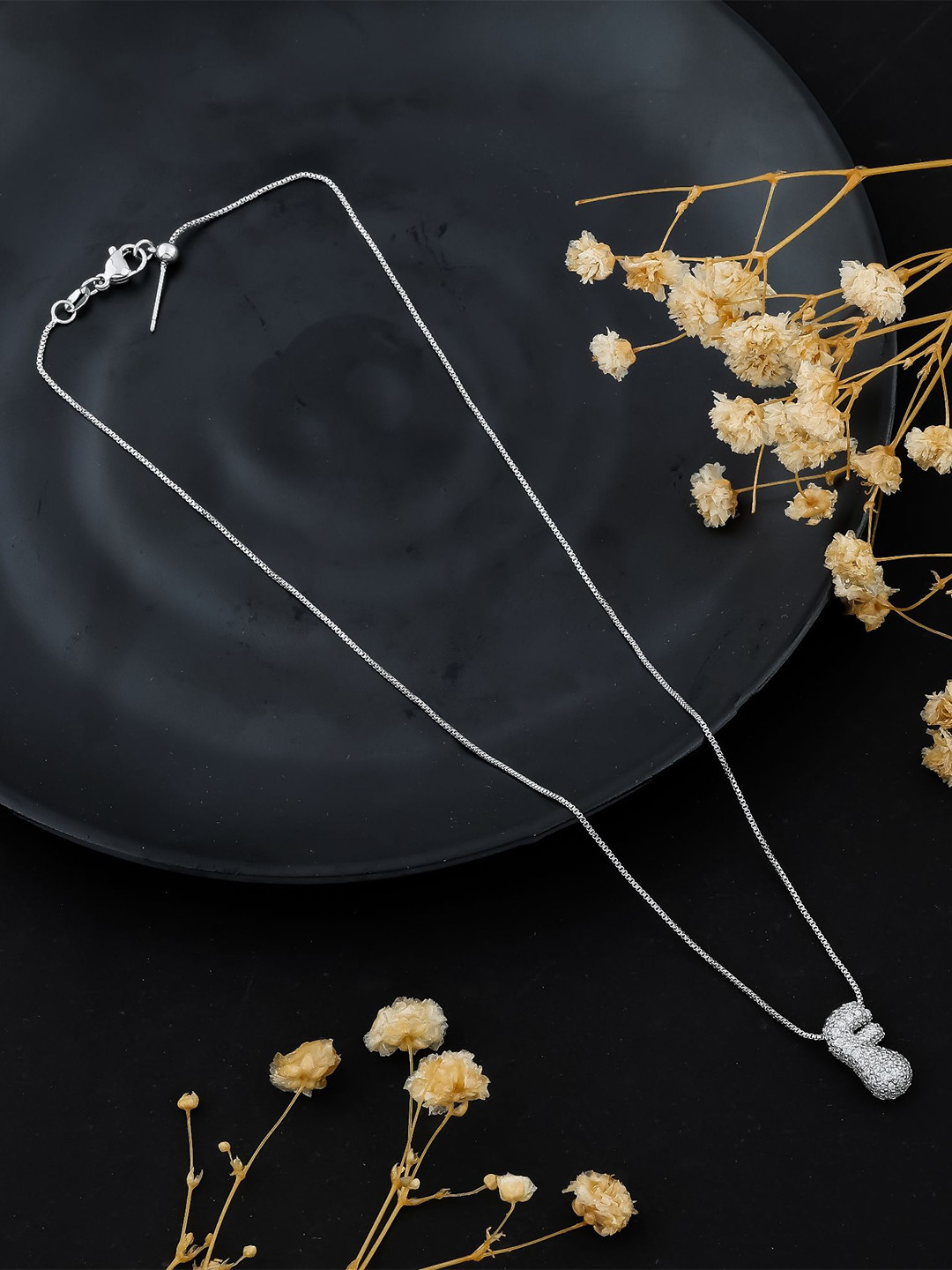 

SKY SHOPPERS Unisex Silver-Plated Cubic Zirconia Studded F Alphabet Initial Chain