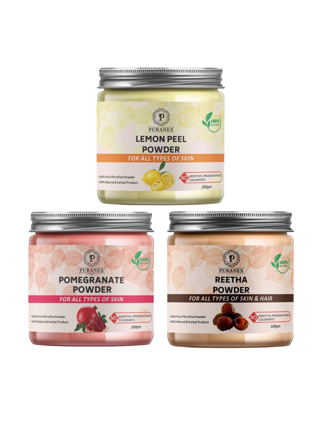 

Puranex Set Of 3 Lemon Peel, Pomegranate & Reetha Hair & Skin Powder -100 g Each, White