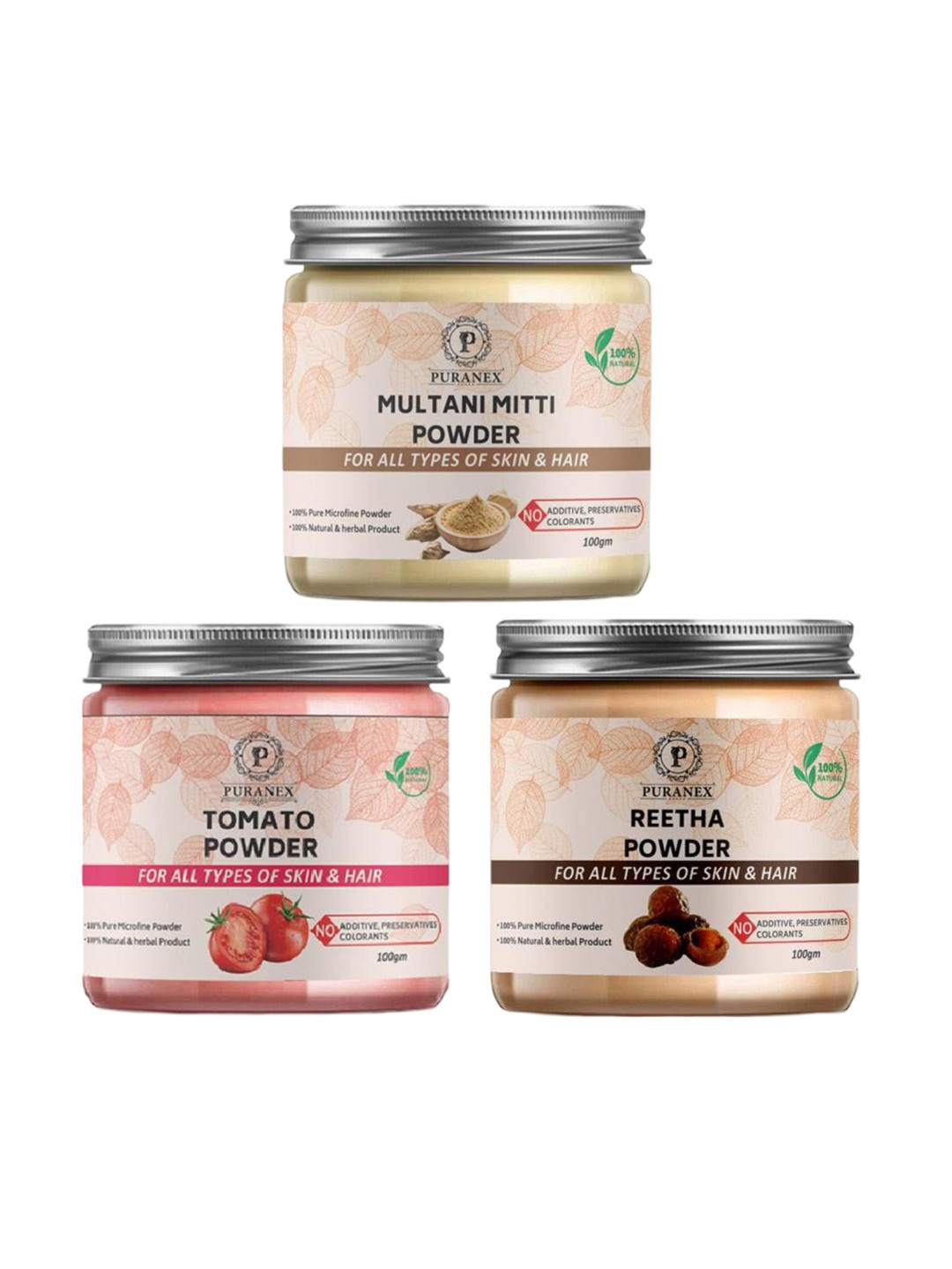 

Puranex Set Of 3 Natural Multani Mitti - Tomato & Reetha Powder - 100 g Each, White