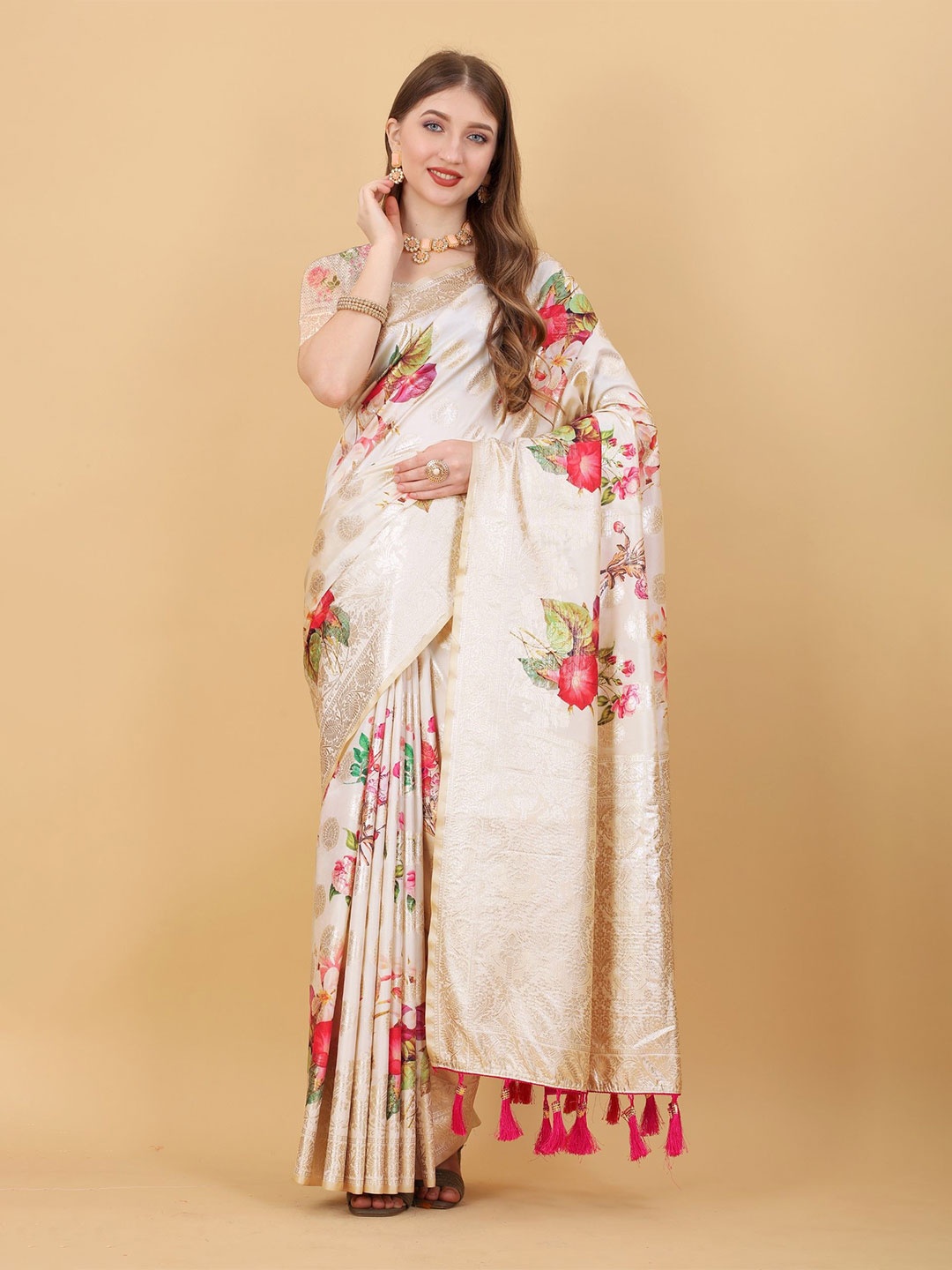 

Anaita Floral Printed Zari Saree, Cream