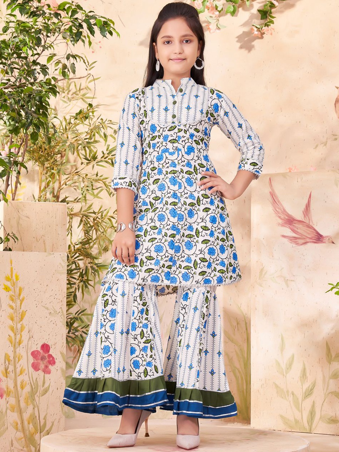 

Sangria Girls Floral Printed Pure Cotton A Line Kurti With Sharara, Blue