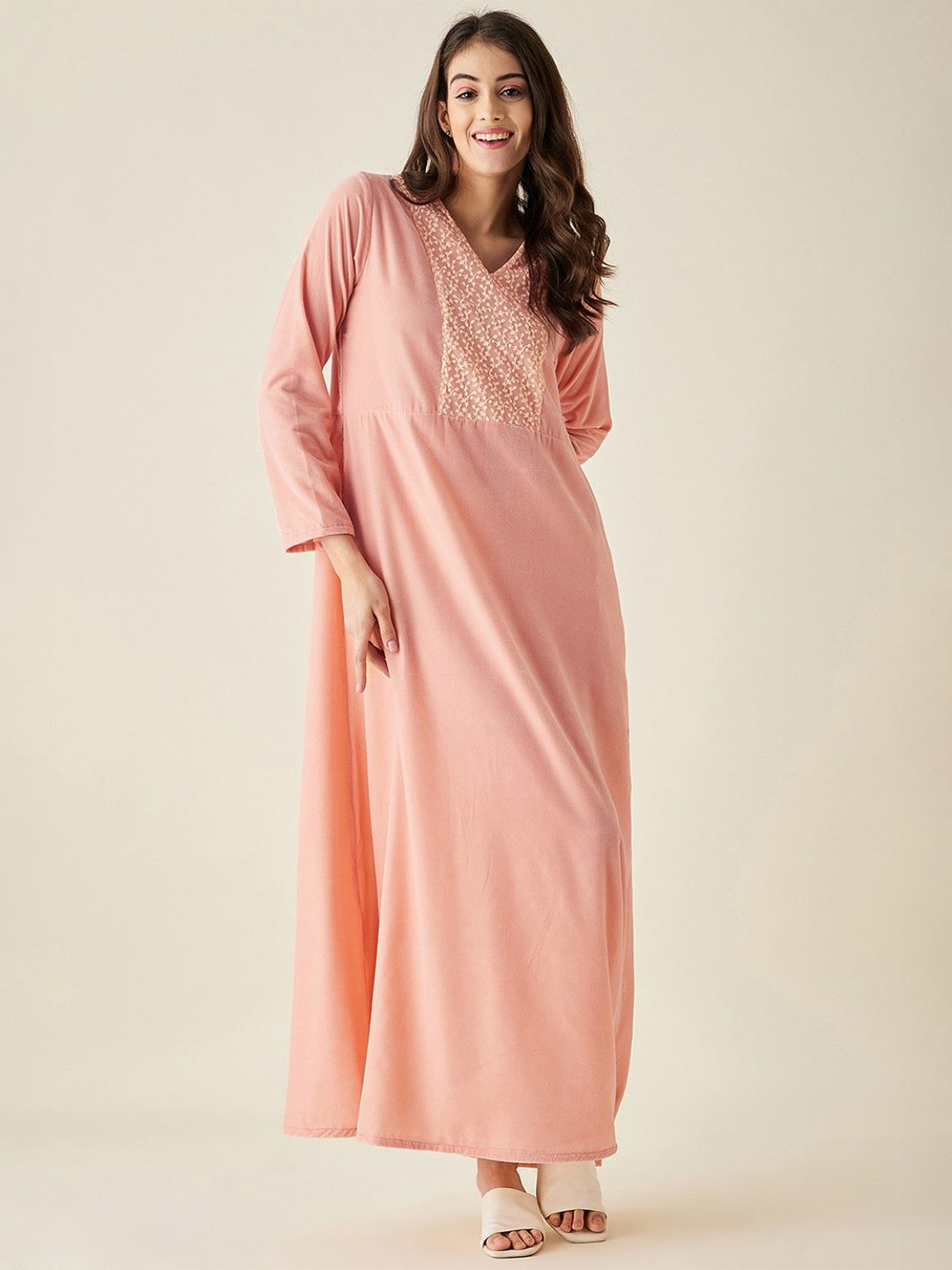 

The Kaftan Company Women Embroidered Maxi Nightdress, Peach